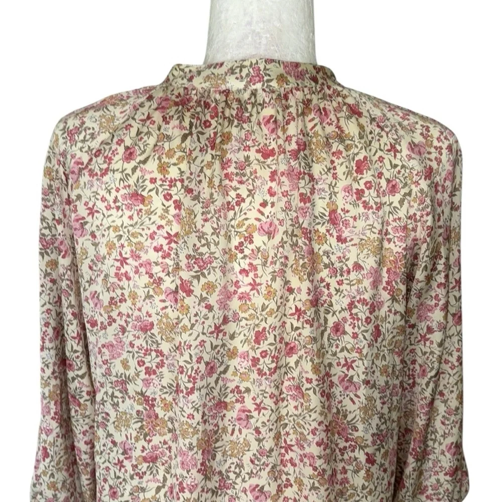 Zara Cream Pink Floral Print Satin 3/4 Puff Sleeve Lace Button Down Blouse - S